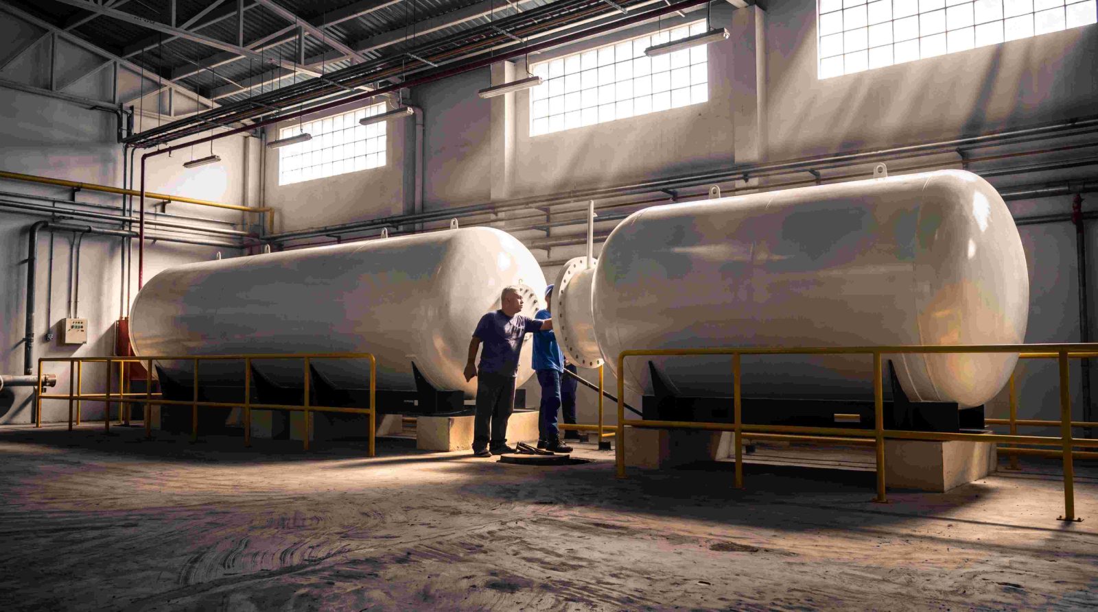 Technicians inspecting storage bullet tanks inside an MGC facility